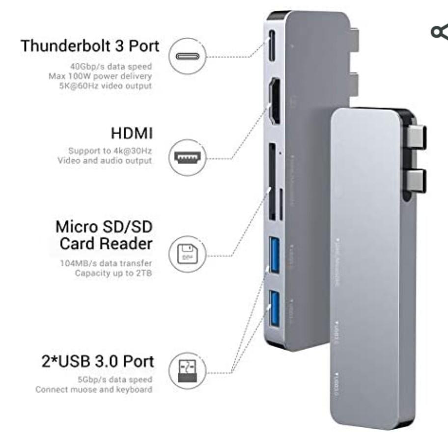 with 4K HDMI Thunderbolt 3 5K@60Hz 100W PD MacBook Pro 2019/2018-2016 2 USB 3.0 and SD/Micro Card Readers. Purgo USB C Hub Adapter Dongle for MacBook Air 2019/2018 
