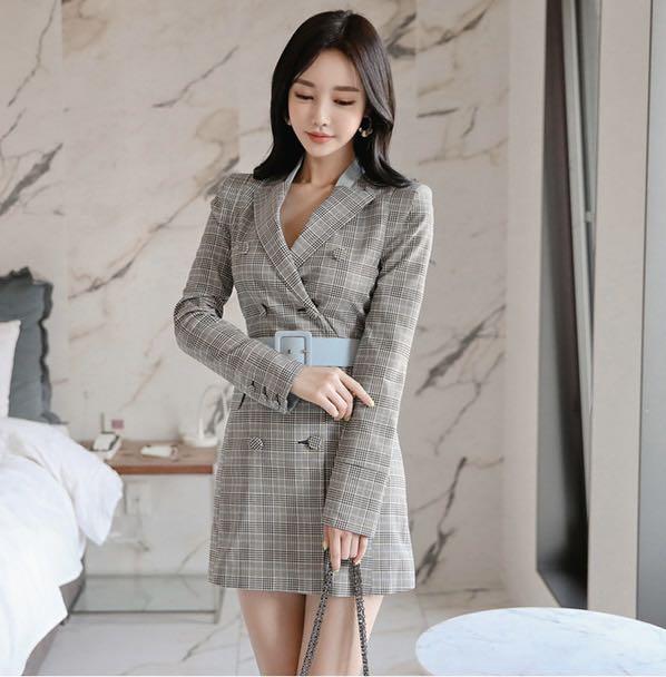 korean double breasted plaid office wear dress Women s Fashion