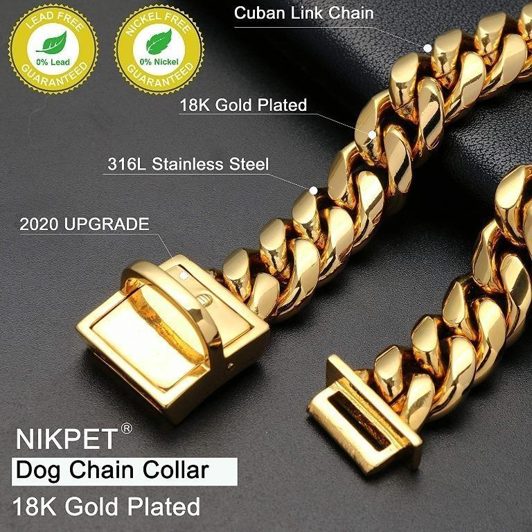 Gold Dog Chain Collar Stainless Steel 18K Gold Collar Adjustable Walking,  Metal Cuban Link Chew Proof Double Row Chain for Large Small Medium Dogs