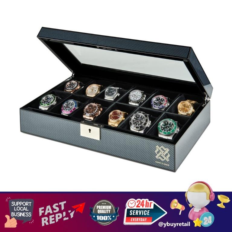 YBR HAWK GABLE USA Carbon Fiber Design Elegant 12 Slot Watch Box Organizer with Lock Premium Jewelry Watch Display Case Storage Cases for