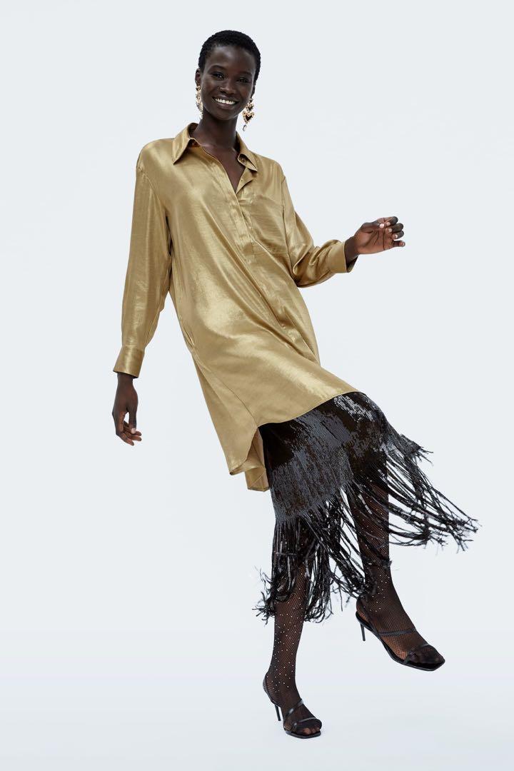 zara metallic gold tunic shirt midi 