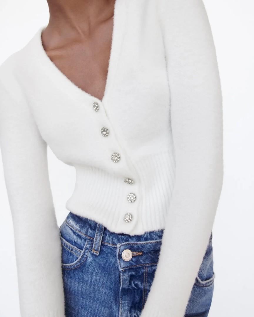 Zara white knit soft cardigan with 
