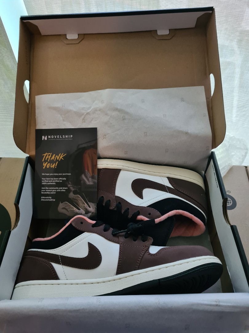 Air Jordan 1 low chocolate/crimson bliss, Men's Fashion, Footwear