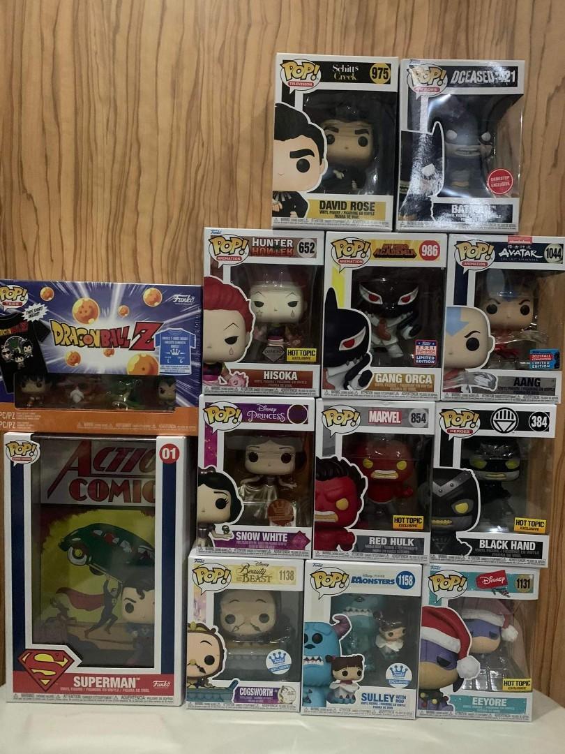 Assorted Funko (Category: Designer & Blind Box Toys) located in Pasig City. Submitted by goodfinds.here (Listing ID 1163487593, Image 1). Description: Assorted Funko Superman Comic Cover -₱ 1k Dragon Ball Z 4-pack pocket pops & tee Gamestop Exclusive (L)- 3k Batman DCeased- ₱ 1,400 David Rose- ₱1,300 Hisoka Diamond Hot Topic- ₱1,800 Gang Orca 2021 FCE- ₱1,300 Aang 2021 FCE -₱1,200 Snow White w/pin Funko Shop - ₱1,400 Red Hulk Hot Topic -₱1,400 Bl