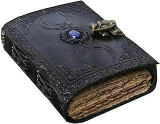 Black triple moon leather journal vintage pages deckle edge paper antique leather journals  grimoire journal