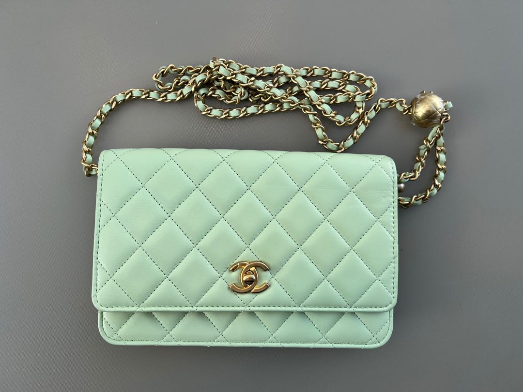 New Chanel pearl crush wallet on chain WOC light green lime