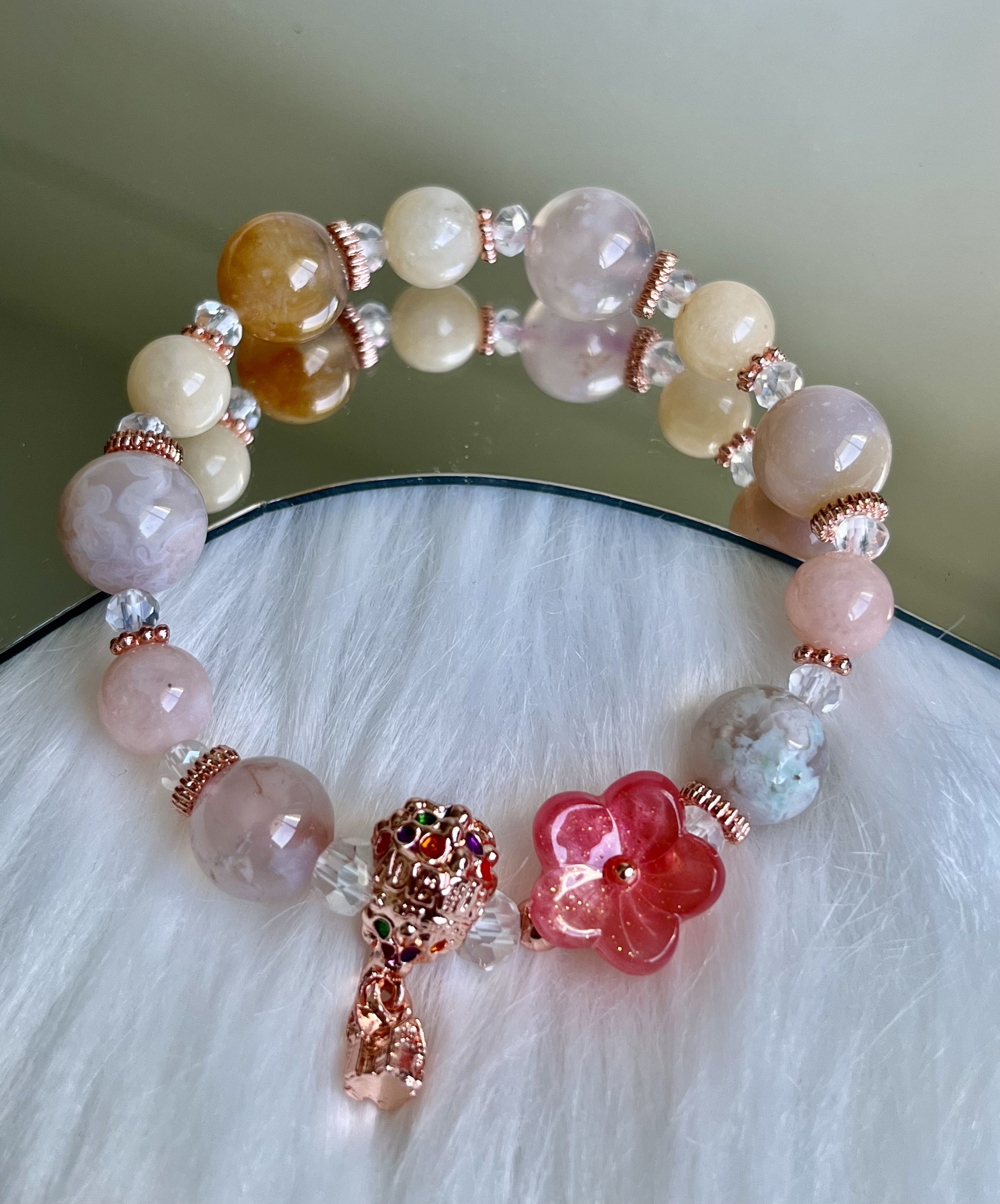 Clear Quartz Gemstone Bracelet Cherry Blossom Agate Bracelet SakuraFlower Agate 8mm Gemstone Beads Bracelet Morganite Bracelet