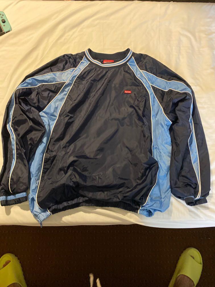 Supreme piping warm up pullover blue, 名牌, 服裝- Carousell