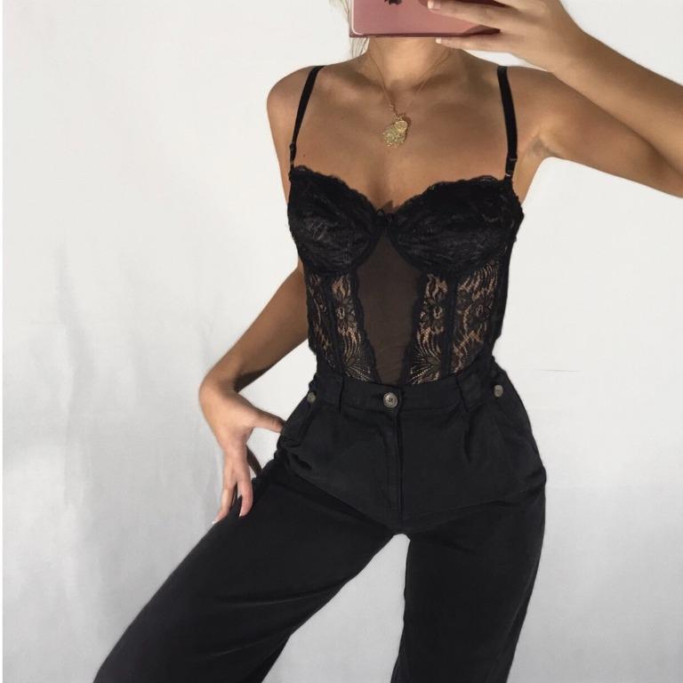 VICTORIA S SECRET Black Lace Bustier Corset with Garter Suspenders