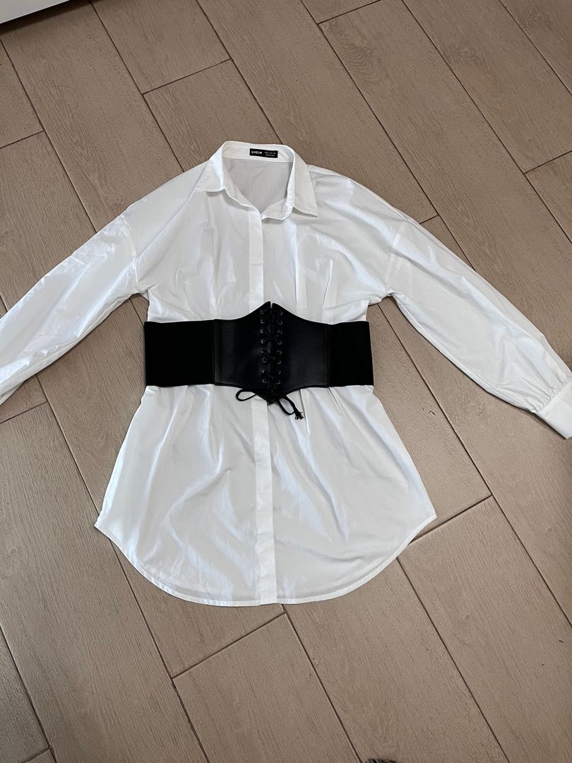 White polo dress with corset belt, Women's Fashion, Dresses & Sets