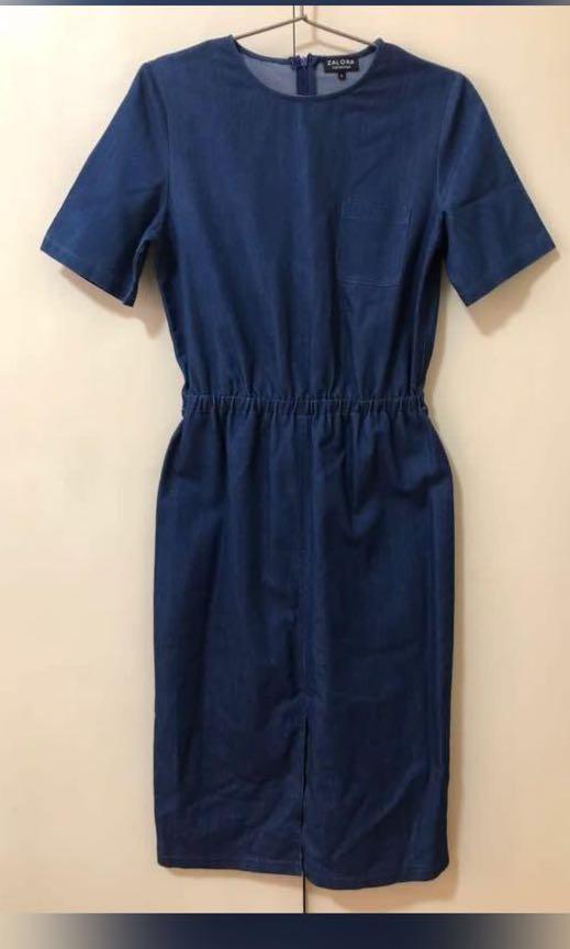 ZALORA Darm denim dress (Category: Dresses) located in Manila. Submitted by dencarmd (Listing ID 1085479286, Image 1). Description: Zalora dark denim dress with front pocket and slit, gartered waist, back zipper. Used only a few times and in very good used condition..
