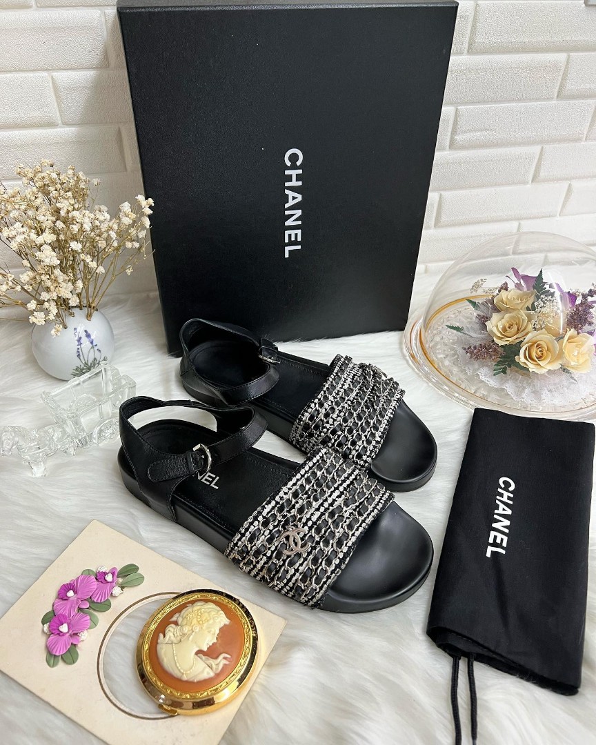 Authentic Chanel Chain Slide Slingback Flats Sandals Size 39