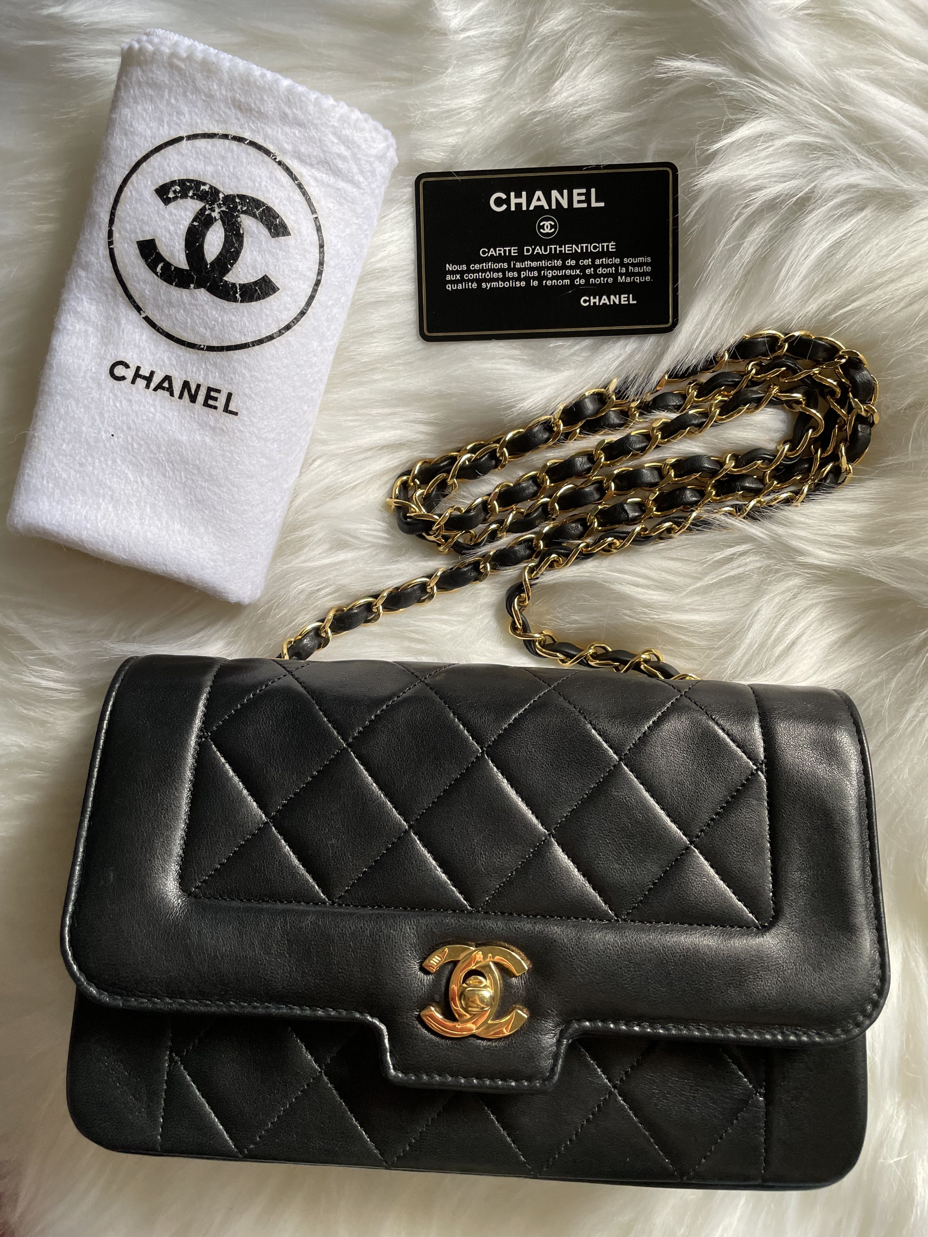 Authentic Chanel vintage small Diana flap bag in buttery black