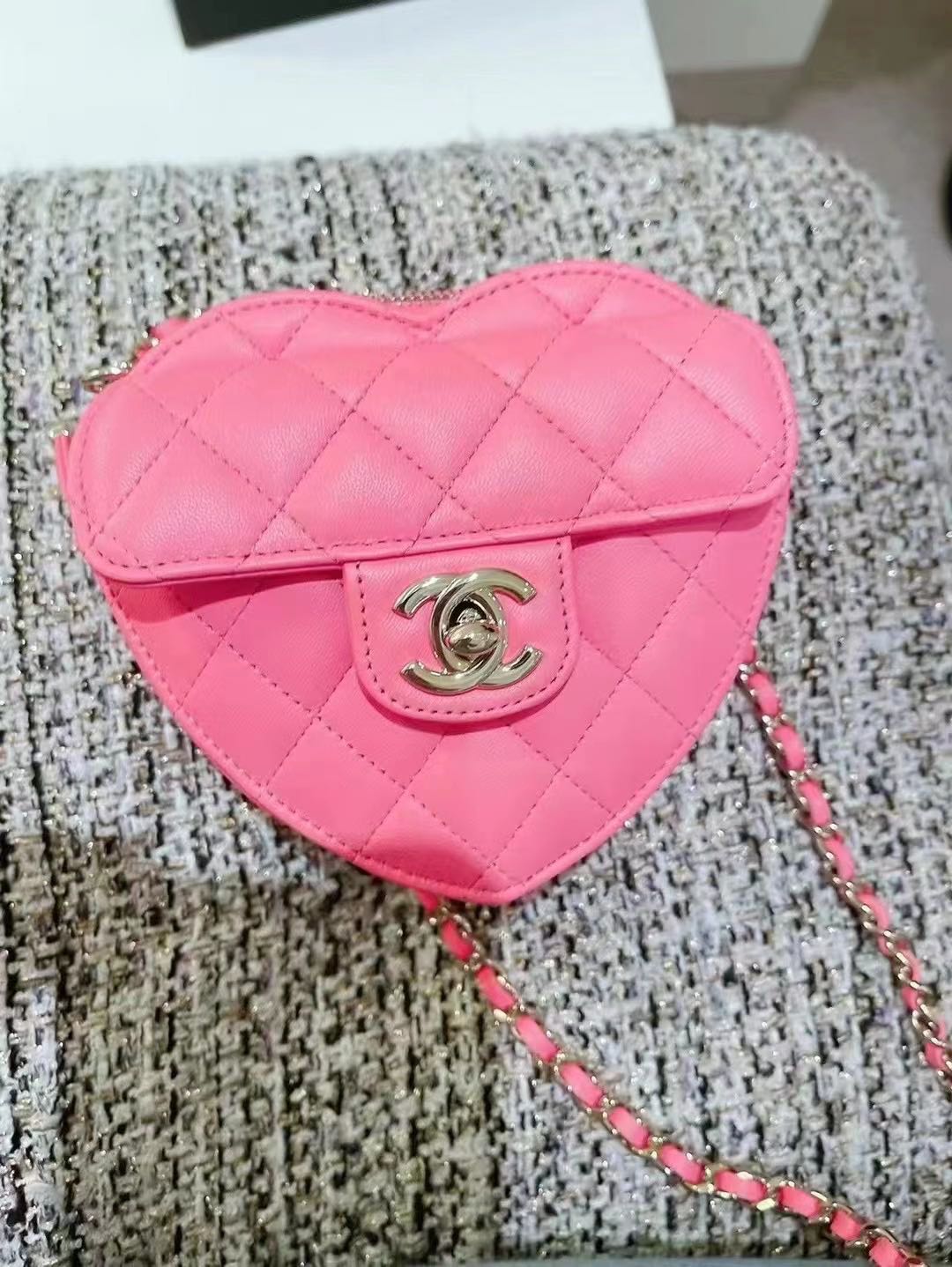 CHANEL, Bags, Chanel Pink Heart Necklace Micro Bag Heart Coin Purse