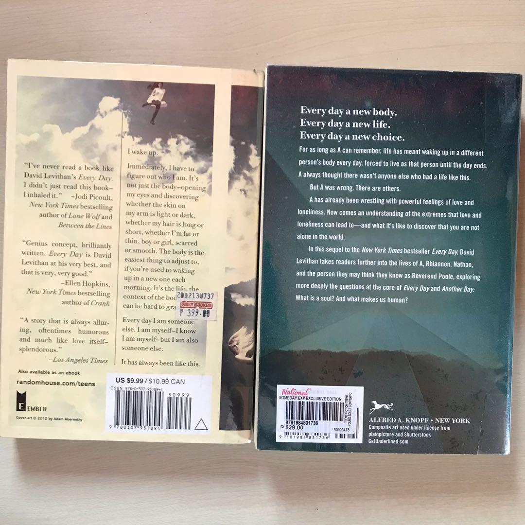 David Levithan SET (Every day, Someday) (Category: Storybooks) located in San Juan City. Submitted by khmanalo (Listing ID 1158580211, Image 3). Description: - strictly sold as set - tbh cheap na ‘to for its price whaahha ⛔️ no shopee cod ⛔️ mop: bpi/gcash mod: gogo xpress/lalamove/etc *all books are in very good condition, for pictures/inquiries kindly send me a pm. thanks! 🤓.