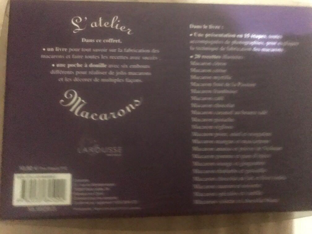 L’Atelier French macaroon making kit (Category: Craft Supplies & Tools) located in Paranaque City. Submitted by chmfp.fp (Listing ID 1158629396, Image 3). Description: L’Atelier macaroon making kit . Comes with booklet with recipes in French . Bought in Paris but never used 6 nozzle tips with pastry bag . Translation can be down with Google translate . Still with plastic cover which is a little dull from age .