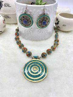 Necklace and Earrings set, Diwali jewellery set, Deppavali gift ideas, Gift for Deepavali, Turquoise, Coral and Lapis lazuli necklaces and earrings handmade in Nepal, statement jewellery, Bold jewellery