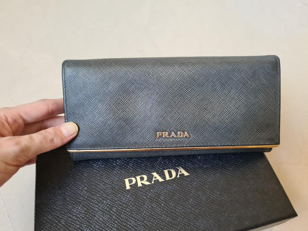 Prada Black Saffiano Leather Flap Wallet With Metal Bar Detail