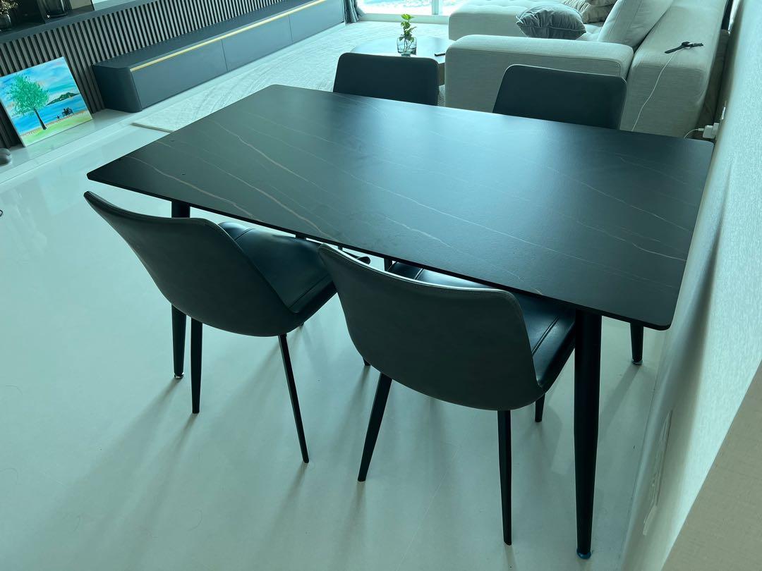 Quartz Dining Table (Black) w/ 4 chairs, Furniture & Home Living