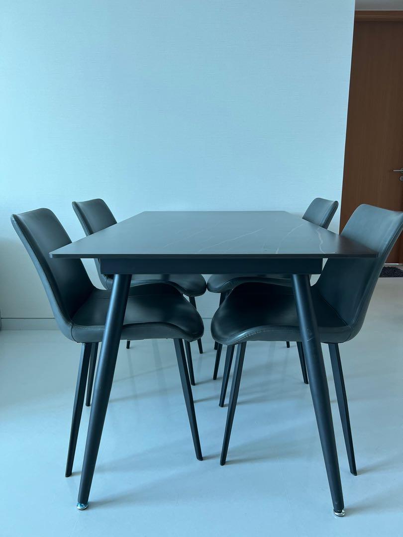 Quartz Dining Table (Black) w/ 4 chairs, Furniture & Home Living