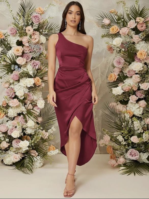 Shoulder Wrap Hem Satin Dress 