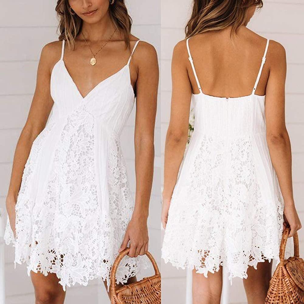 White Sleeveless Strap Lace Drop Back Dress V Neck Mini Skirt Dress for Women Casual Summer Dresses