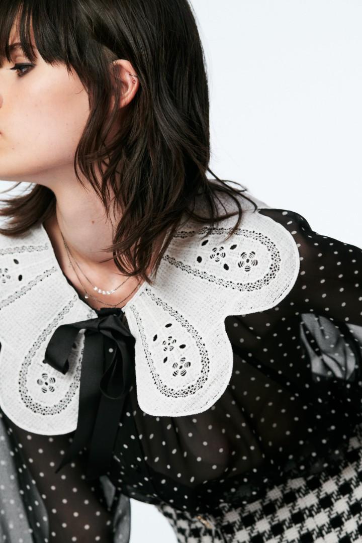 ZARA Polka Dot Blouse with Contrast Collar Detail