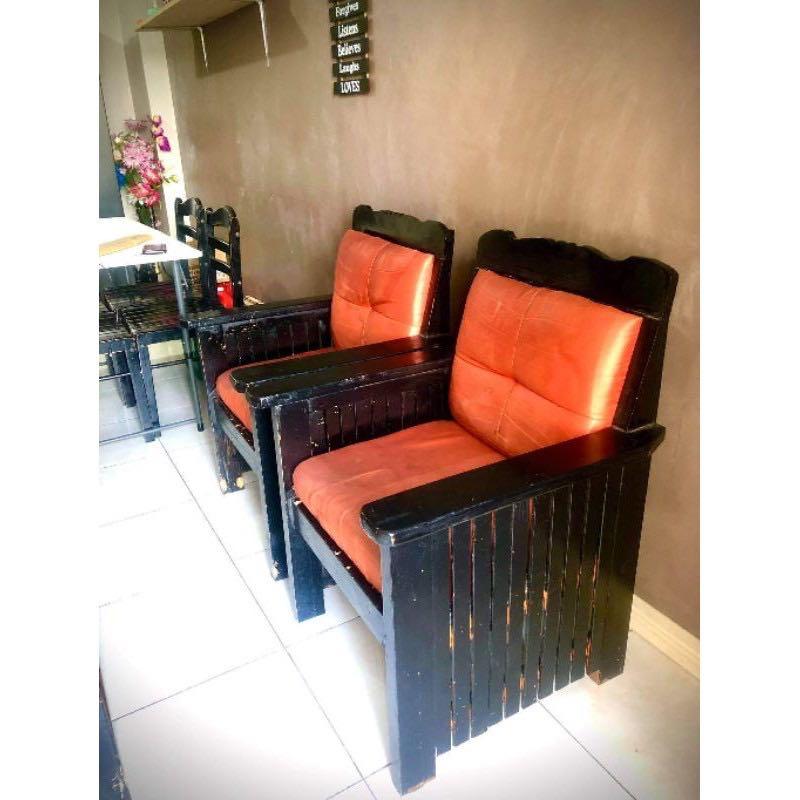 2 Big Side Chair with Center Table (Category: Chairs) located in Pasig City. Submitted by sm_thehouseoftrends. (Listing ID 1163539533, Image 3). Description: READ BEFORE BUY! DIRECT MESSAGE ME PLS! RFS: Decluttering 2nd hand po! ( Reason kung bakit ebebenta, lilipat ng bahay) Maayos pa yan. Pede e retouch. Mas gaganda pa! May mga kunting gasgas lang pero kaya naman madala sa pintura. Matibay po and wood material Set Includes: 2 Sides Chair (Big) 