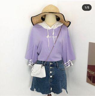 Atasan korea hoodie oversized lilac ungu lucu bagus crop