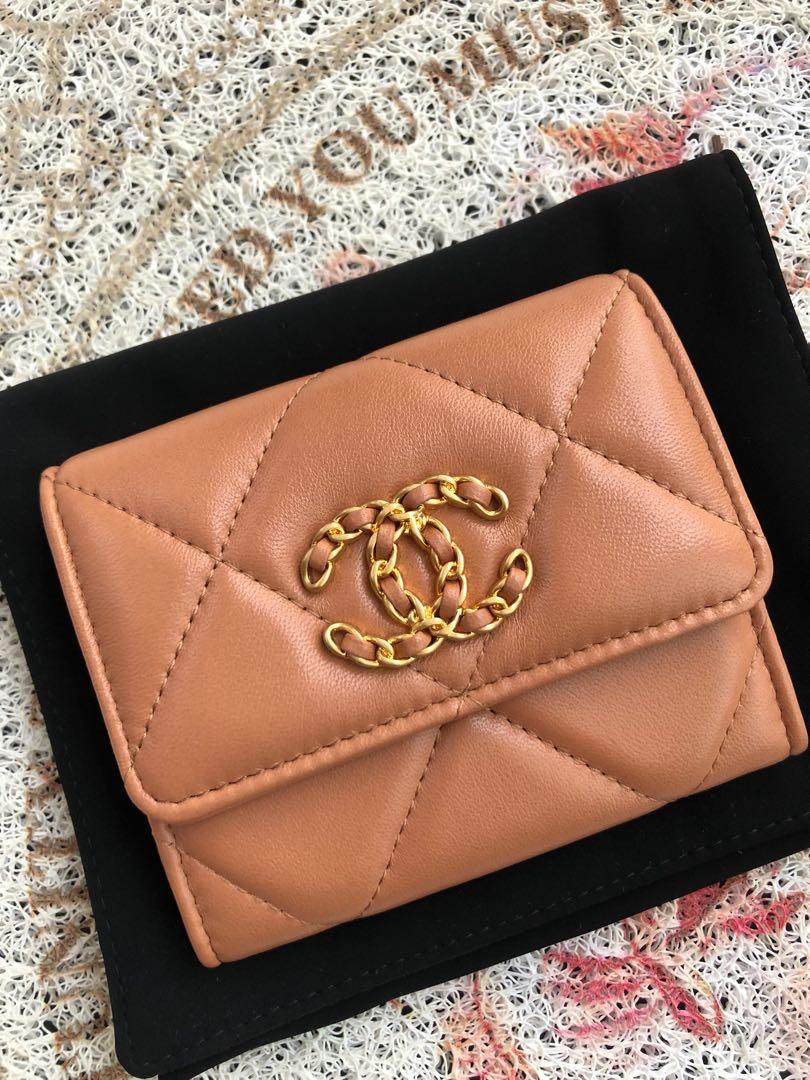 Authentic Chanel 19 Caramel Card Holder Coin Purse Wallet