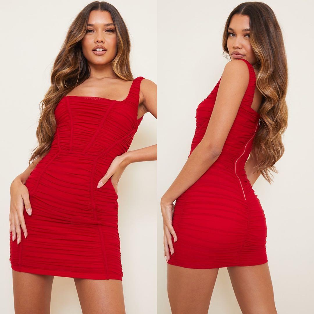 BN PLT Pretty Little Thing Red Square Neck Mesh Ruched Binding Detail Bodycon Dress
