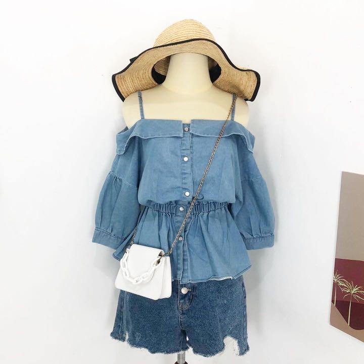 Cut off sabrina denim jeans top, Fesyen 