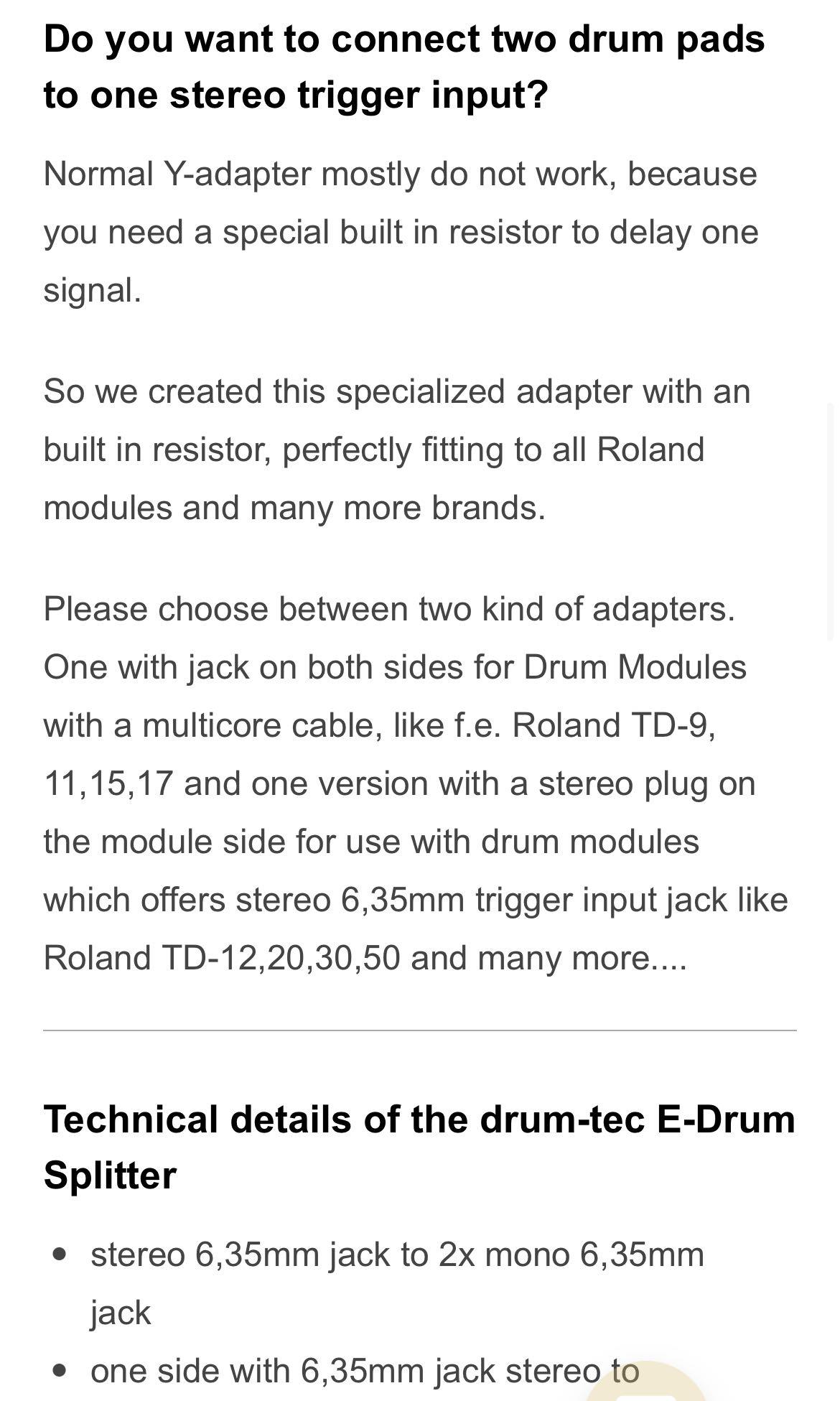 Drumtec splitter cables for expansion of electronic drums, Hobbies