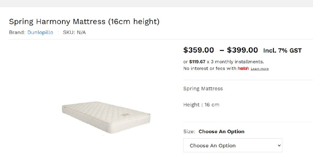 Dunlopillo Spring Harmony 2 Single Mattress, Furniture & Home Living