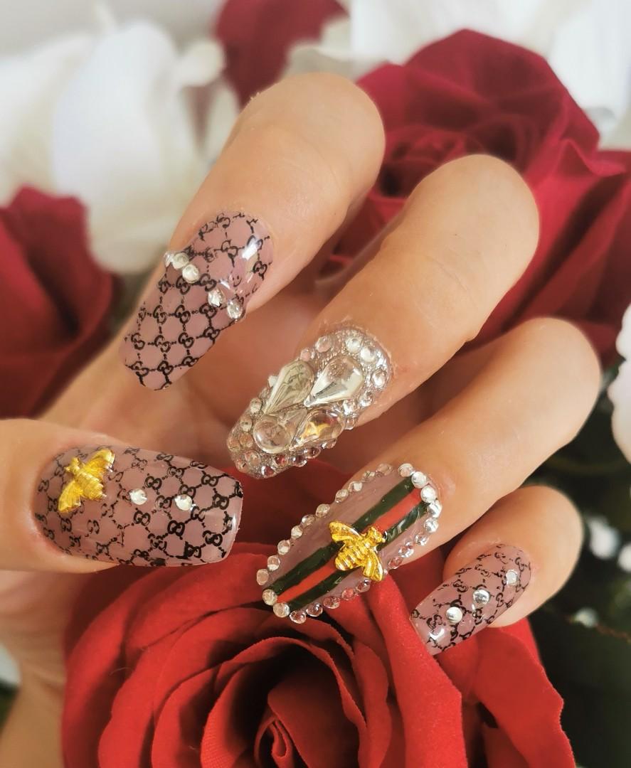 Louis Vuitton Press on Nails  Gucci nails, Gold acrylic nails, Swag nails