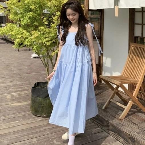 [INSTOCKS] Ribbon Tie Straps Basic Tiered Maxi Dress, Women's Fashion