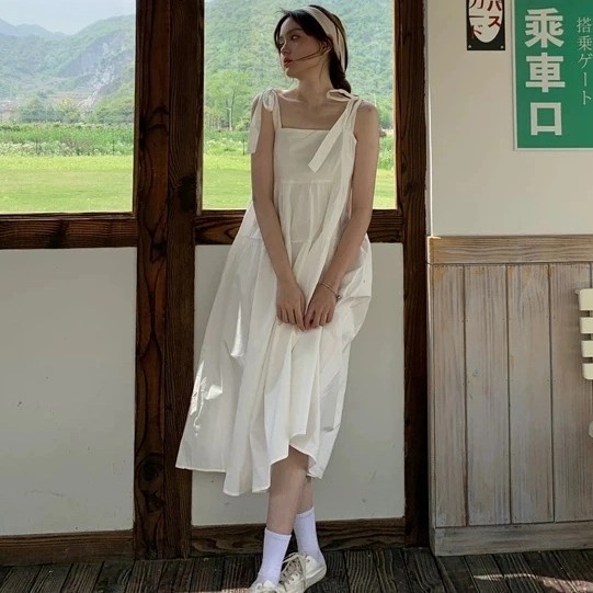 [INSTOCKS] Ribbon Tie Straps Basic Tiered Maxi Dress, Women's Fashion