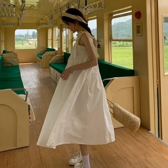 [INSTOCKS] Ribbon Tie Straps Basic Tiered Maxi Dress, Women's Fashion