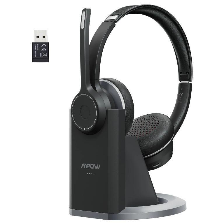 Mpow HC5 Pro Max Bluetooth 5.0 Headset with Charge Base USB Adapter Wireless Computer Headphone with Dual CVC8.0 noise cancelling Microphone for