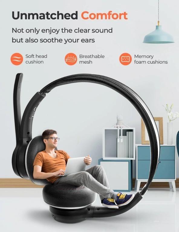 Mpow HC5 Pro Max Bluetooth 5.0 Headset with Charge Base USB Adapter Wireless Computer Headphone with Dual CVC8.0 noise cancelling Microphone for