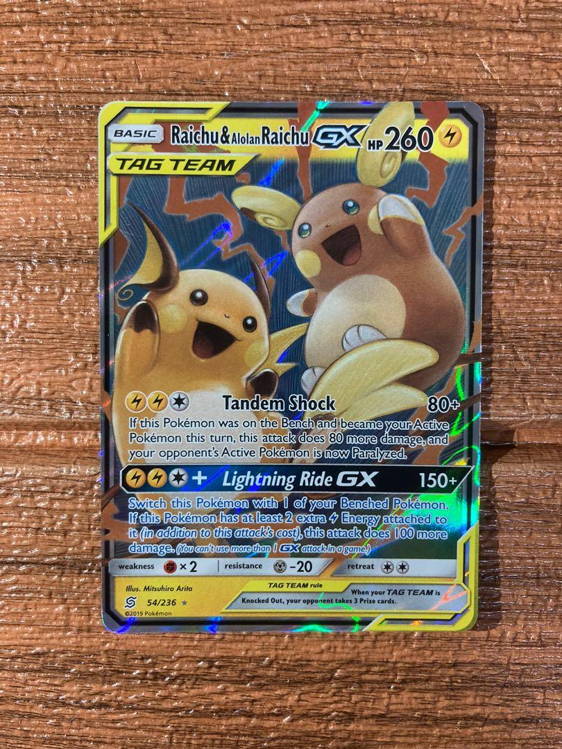 Raichu And Alolan Raichu Gx Ultra Rare Holo Tag Team Unified Minds Pokemon Cards Hobbies 