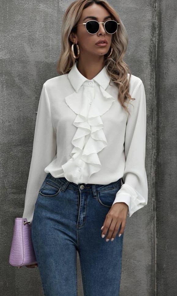 SHEIN Ruffle Trim Button Up Blouse (L), Women's Fashion, Tops, Blouses on  Carousell