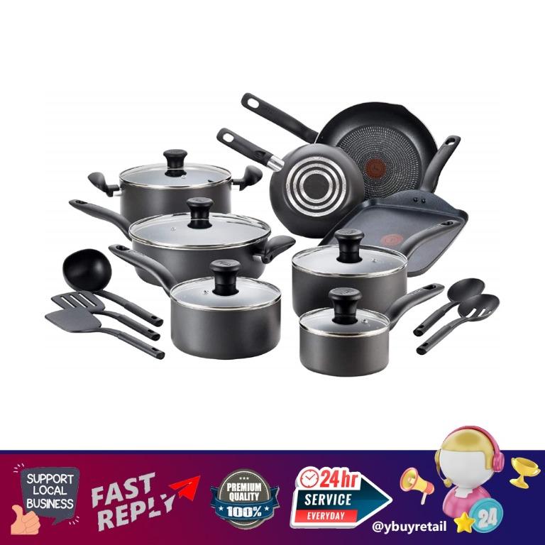 T-fal Initiatives Nonstick Cookware Set 18 Piece Oven Safe 350F Pots and  Pans, Dishwasher Safe Red