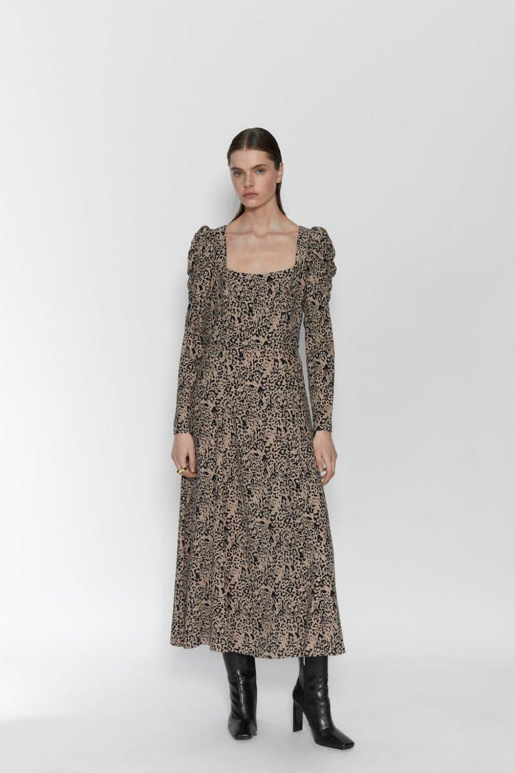ZARA Animal Printed Dress With Puff 