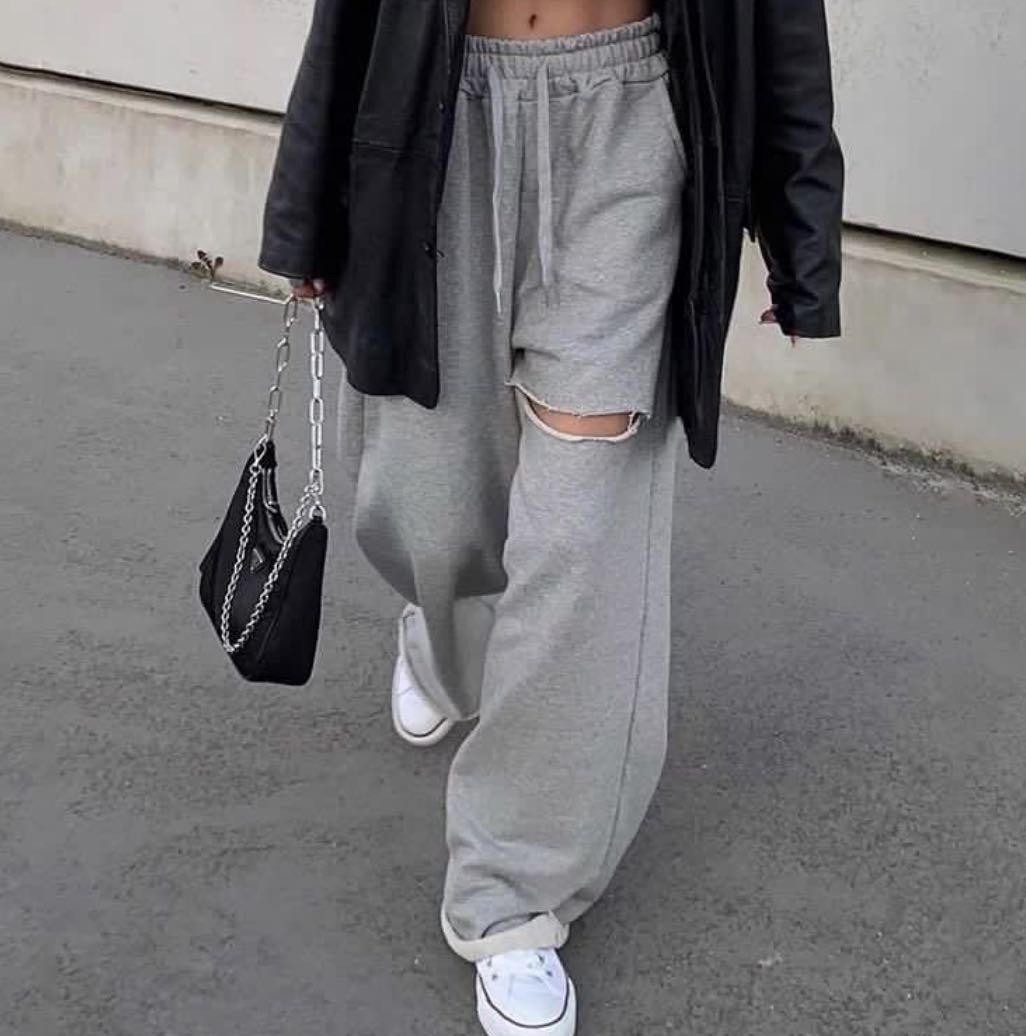 grey ripped wide leg sweat pants