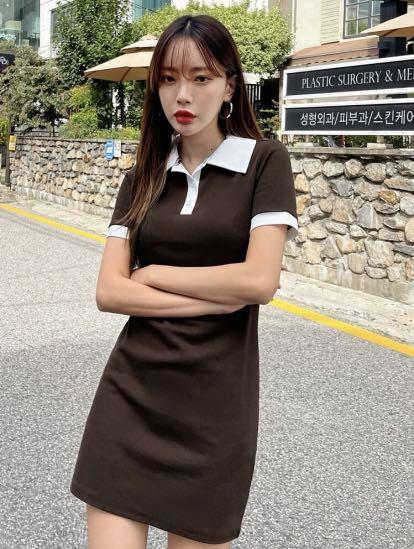 Korean Style Polo Neck Tee Dress Women s Fashion Dresses Sets Dresses on Carousell