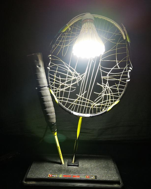 Lamp badminton racket (Category: Lighting) located in Quezon City. Submitted by skyebear (Listing ID 1163829586, Image 2). Description: Badminton racket lamp with light bulb and switch made using old badminton racket and shuttlecock .