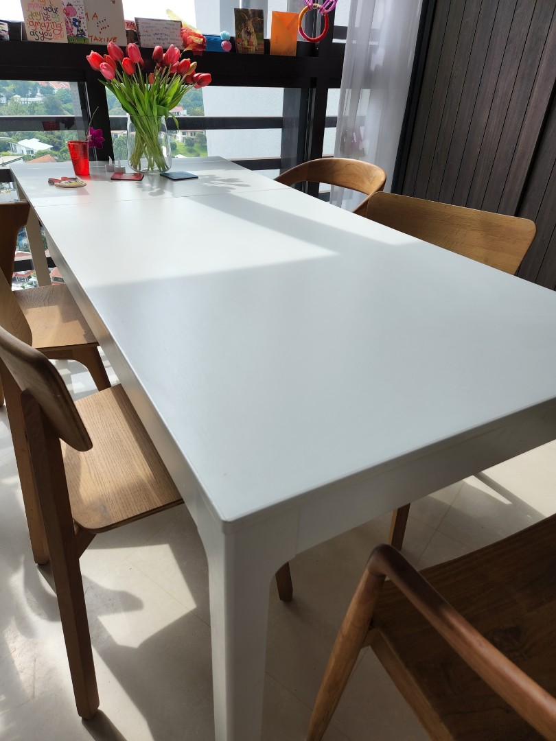 White dining table without chairs, Furniture & Home Living, Furniture