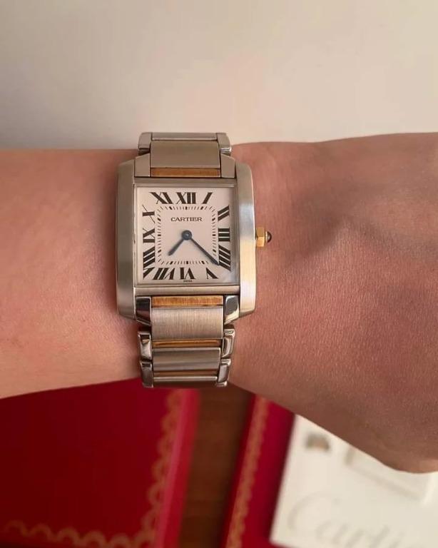 98 NEW CARTIER 18K GOLD TWOTONE TANK FRAN AISE MEDIUM White Face w Roman Dial Square Case 25x30mm Sapphire Glass Crystal Blue Cabochon 18K Gold