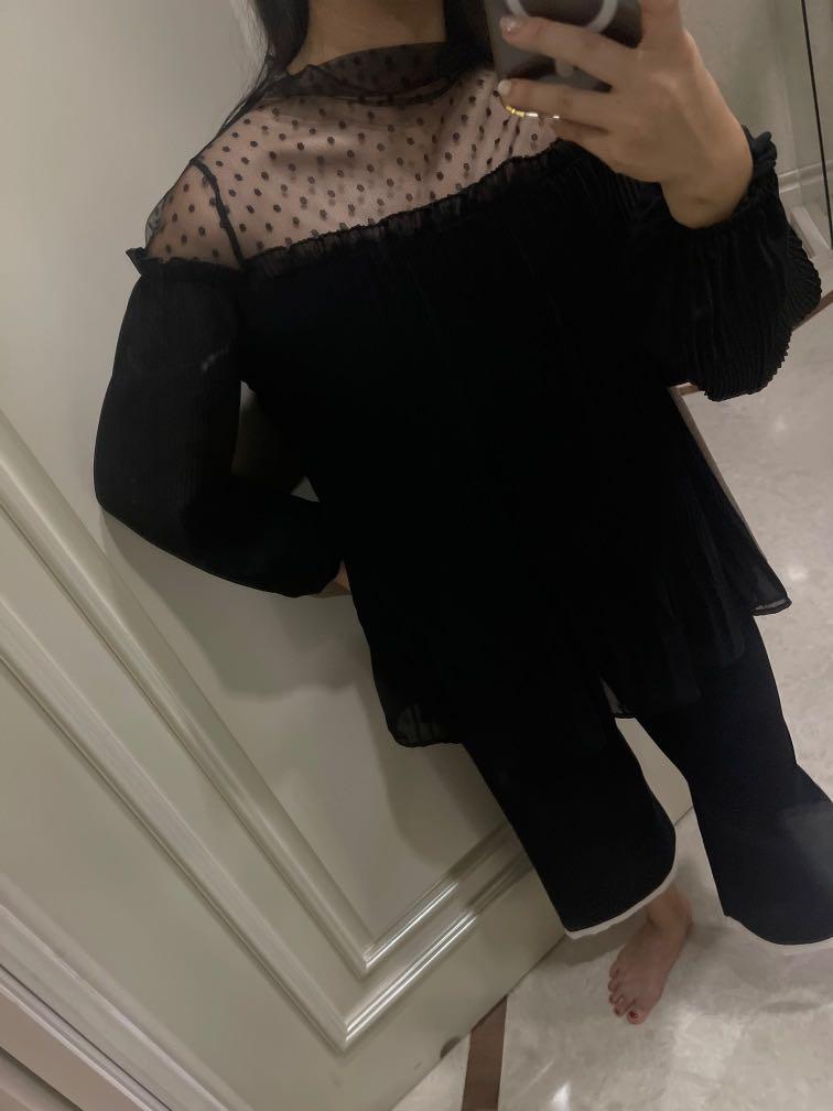 chiffon top polkadot black freesize 